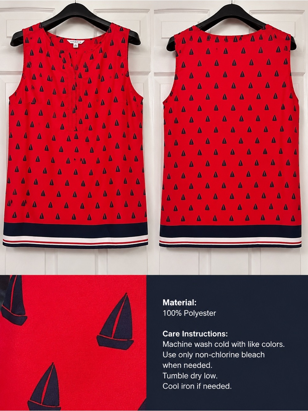 Croft & Barrow Red Shell Top with Navy Sailboats